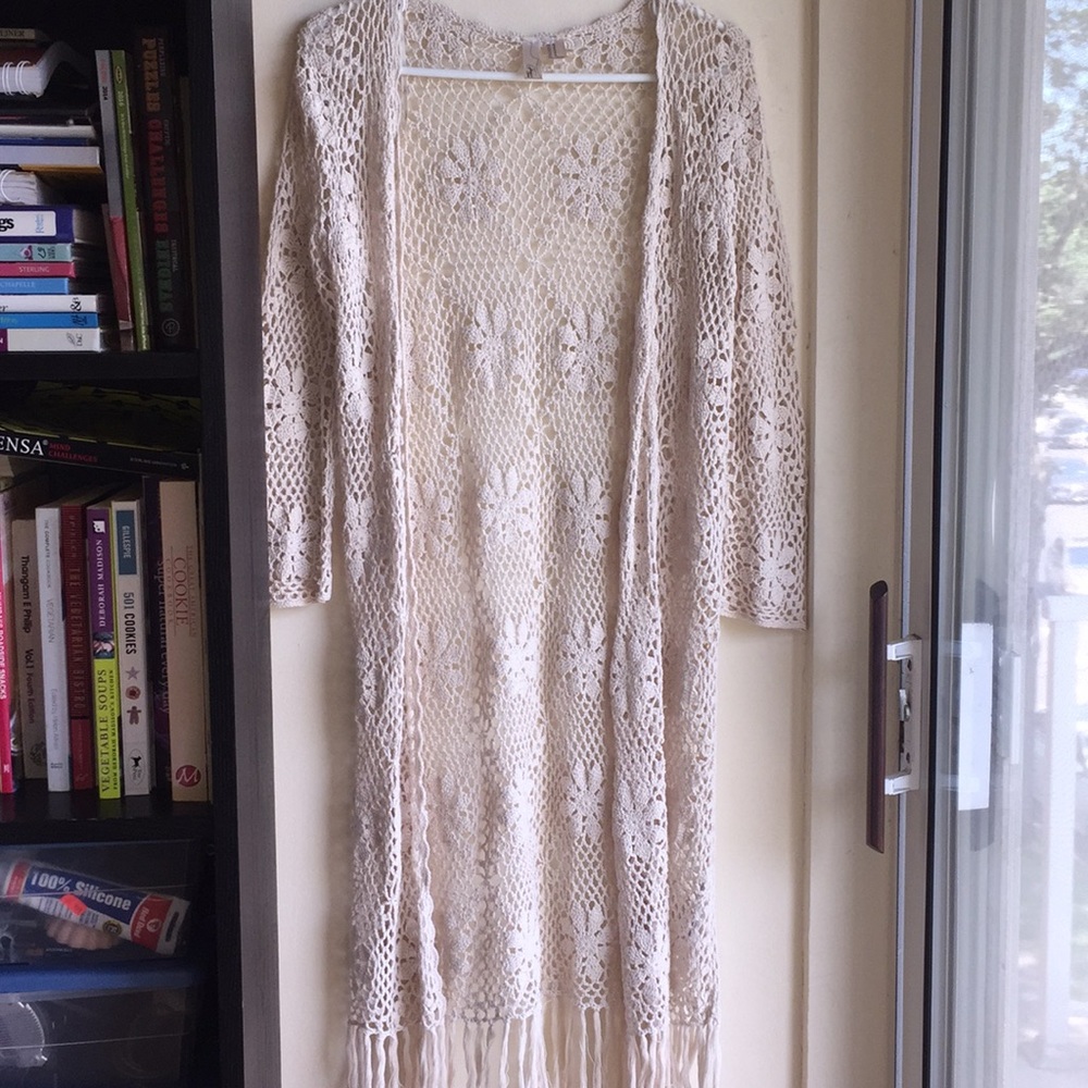 Forever 21 crochet cover up with fringe 45” long